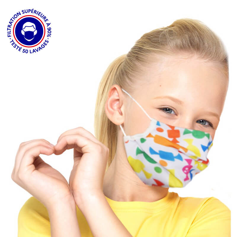 masque enfant UNS1 filtration 93% tissu lavable 50 fois bonbon lemasquegrandpublic.fr