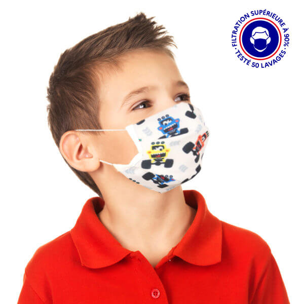 Lot de 2 masques de protection visage lavable 50 fois pour enfant - 3  couches en tissu - Blanc - Certifié UNS1 - La Poste